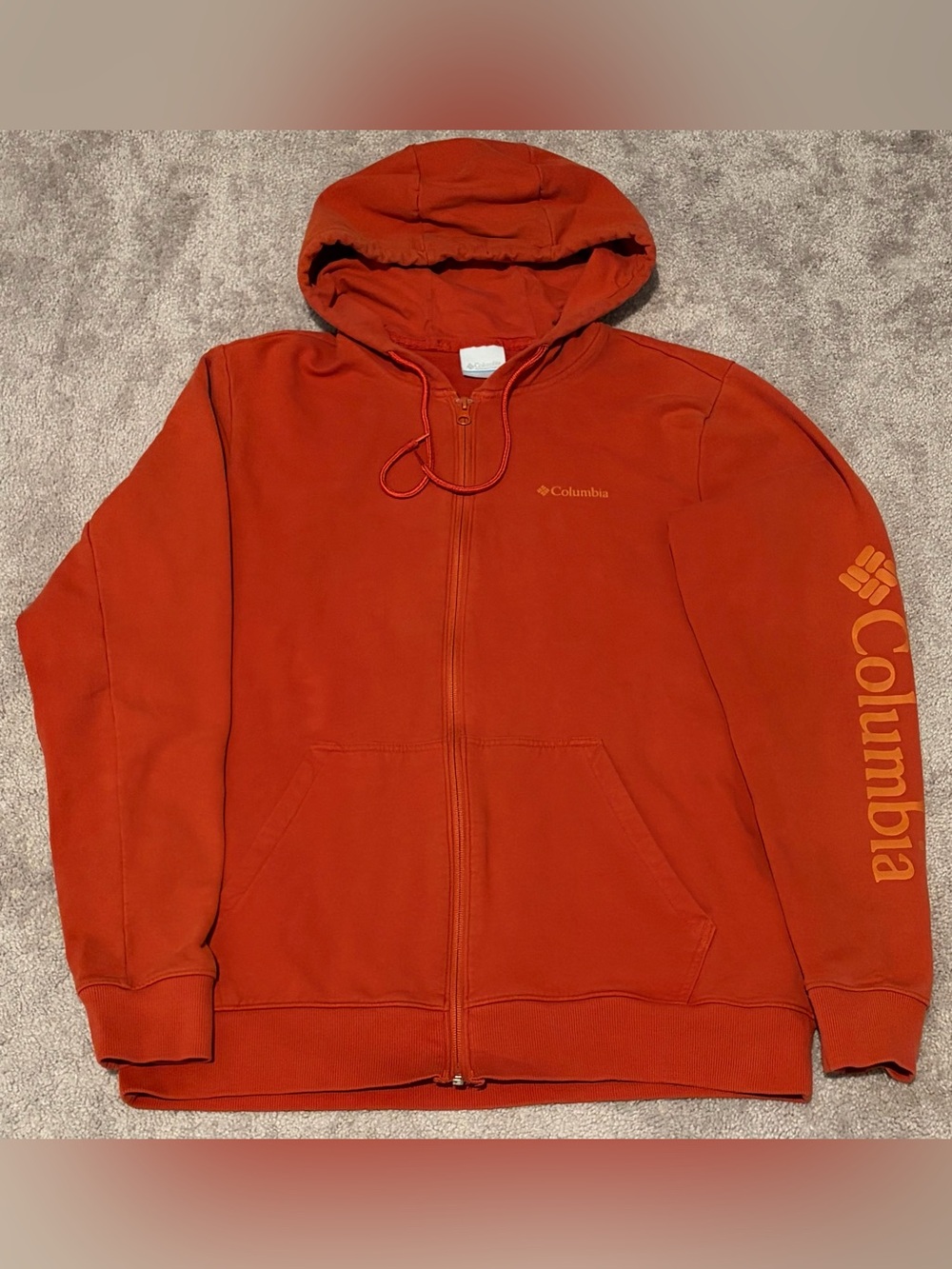 Columbia Men’s Rust Orange Full Zip Sleeve Spell Out Hoodie Size Medium